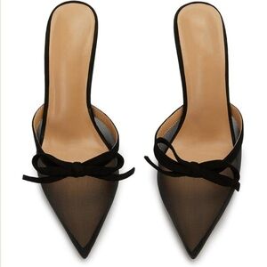 Black Mesh Kitten Heels Women Slip On Pointed Toe Backless Mules Bow
